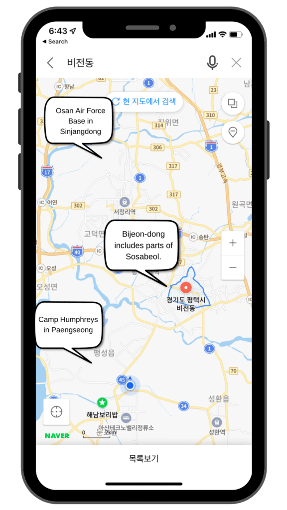 Map showing Bijeon-dong in relation to camp Humphreys and Osan Air Force Base