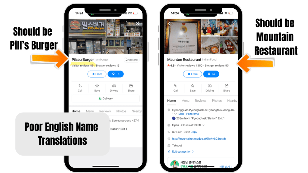 Example of issues with English Naver Maps